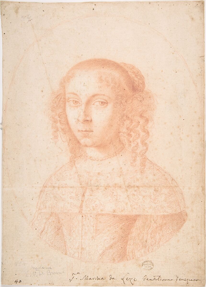 Portrait of a Woman, Anonymous, Italian, Roman-Bolognese, 17th century, Red chalk on light tan paper. Red chalk enframing outline (oval) 