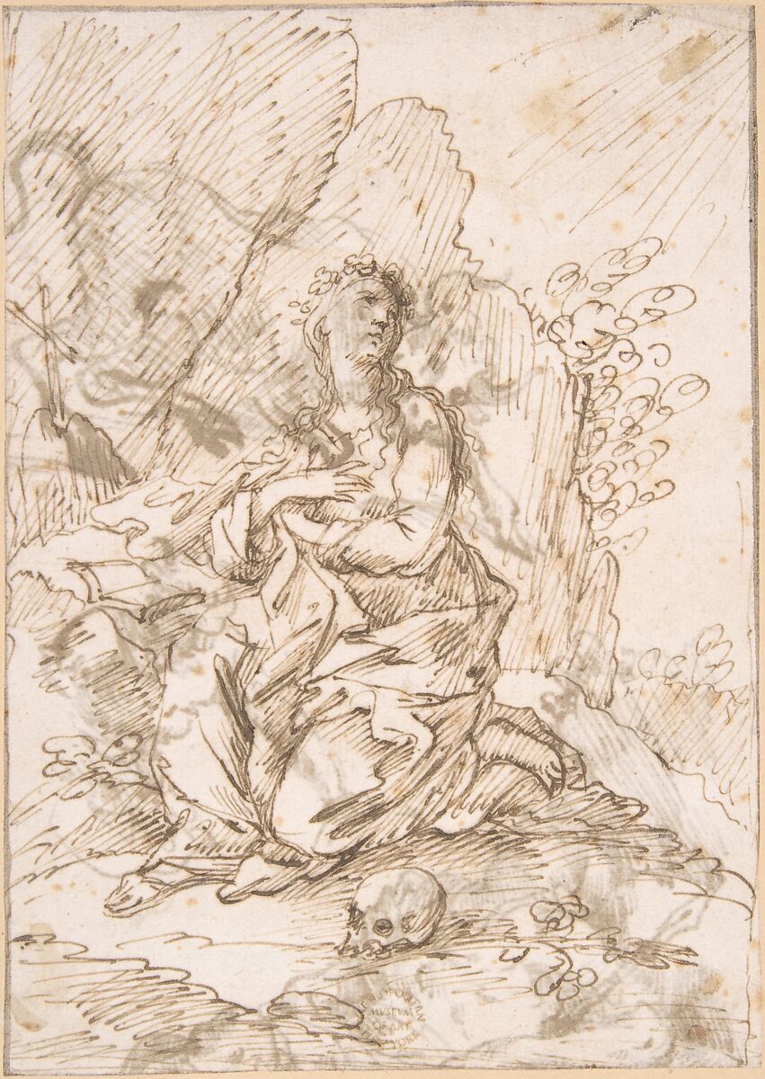 Mary Magdalen in the Wilderness, Anonymous, Italian, Roman-Bolognese, 17th century, Pen and brown ink on cream paper. Fragmentary framing outlines in pen and ink on left, top, right edges 