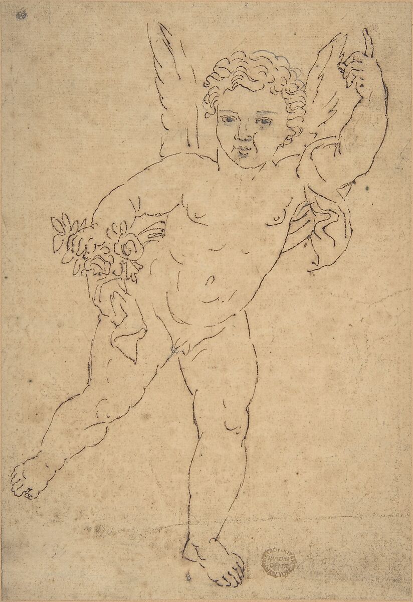 Cupid, Anonymous, Italian, 19th century, Pen and brown ink, graphite? on light brown paper 