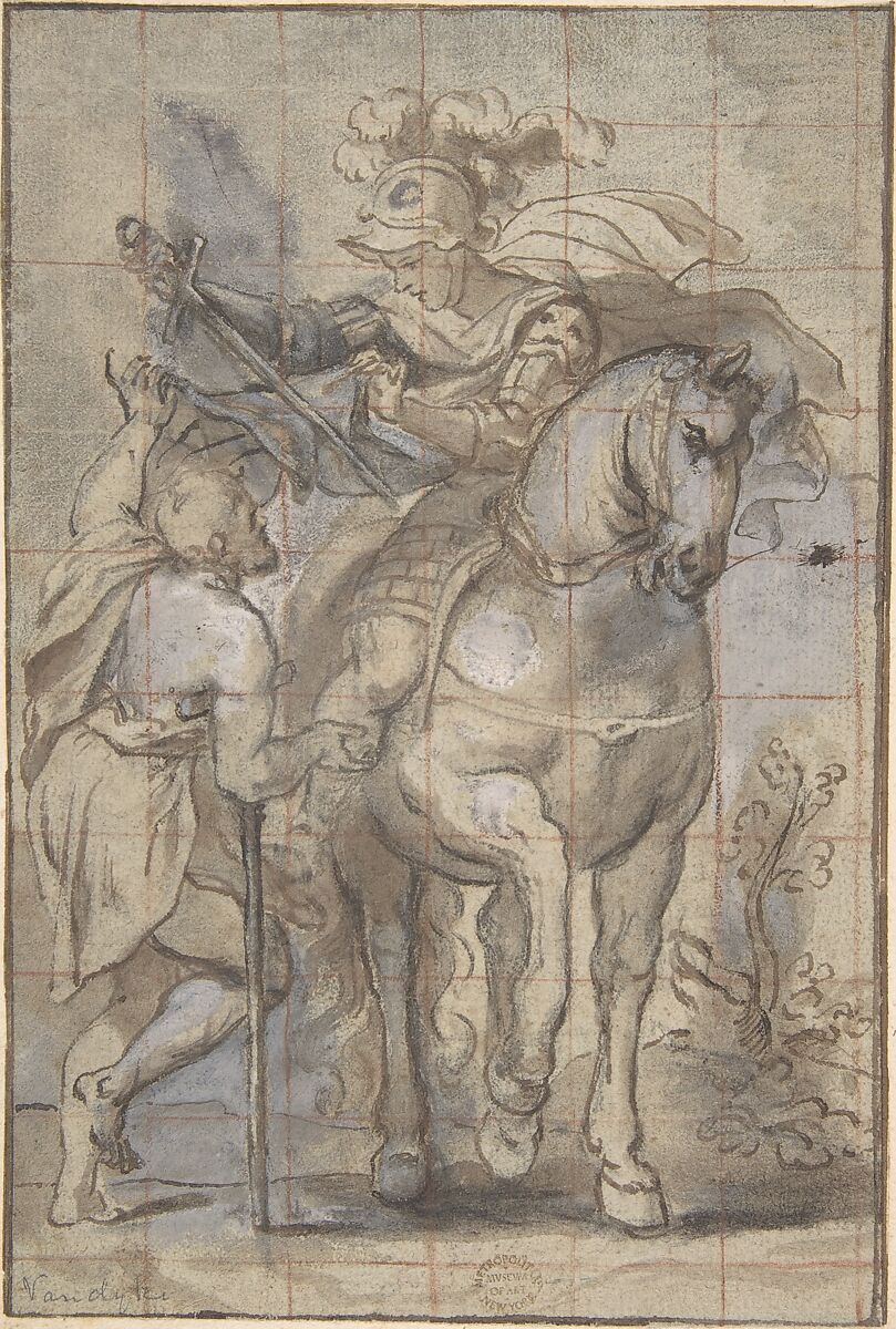 Saint Martin and the Beggar, Anonymous, Italian, Roman-Bolognese, 17th century, Pen and brown ink, brush and brown wash, gray and white gouache, over black chalk on blue-brown paper; squared in red chalk; framing lines in pen and brown ink 