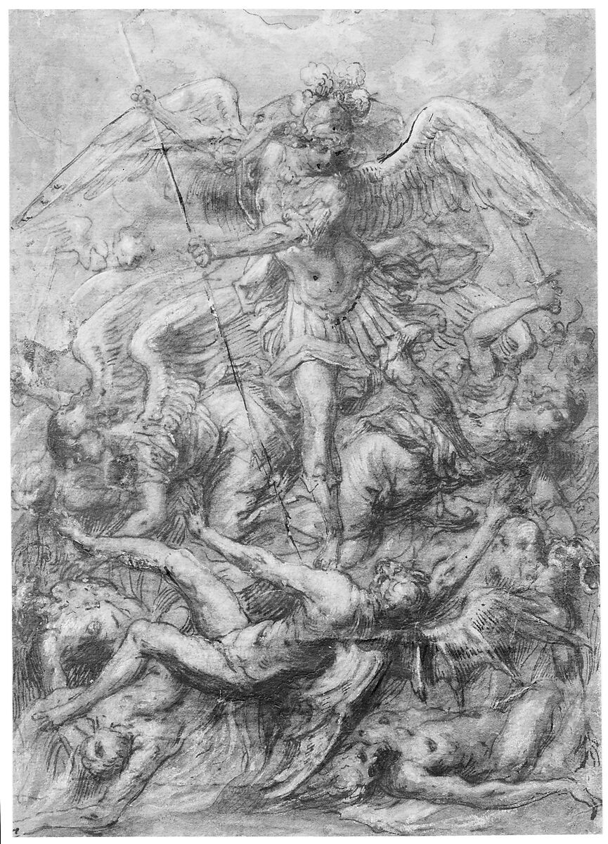 Saint Michael Expelling the Fallen Angels, Anonymous, Italian, Roman-Bolognese, 17th century, Pen and brown ink, brush with brown, rose, blue-green wash, over black chalk, highlighted with white gouache on light brown paper