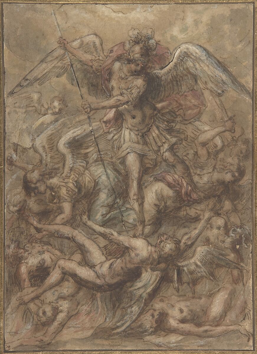 Saint Michael Expelling the Fallen Angels, Anonymous, Italian, Roman-Bolognese, 17th century, Pen and brown ink, brush with brown, rose, blue-green wash, over black chalk, highlighted with white gouache on light brown paper 