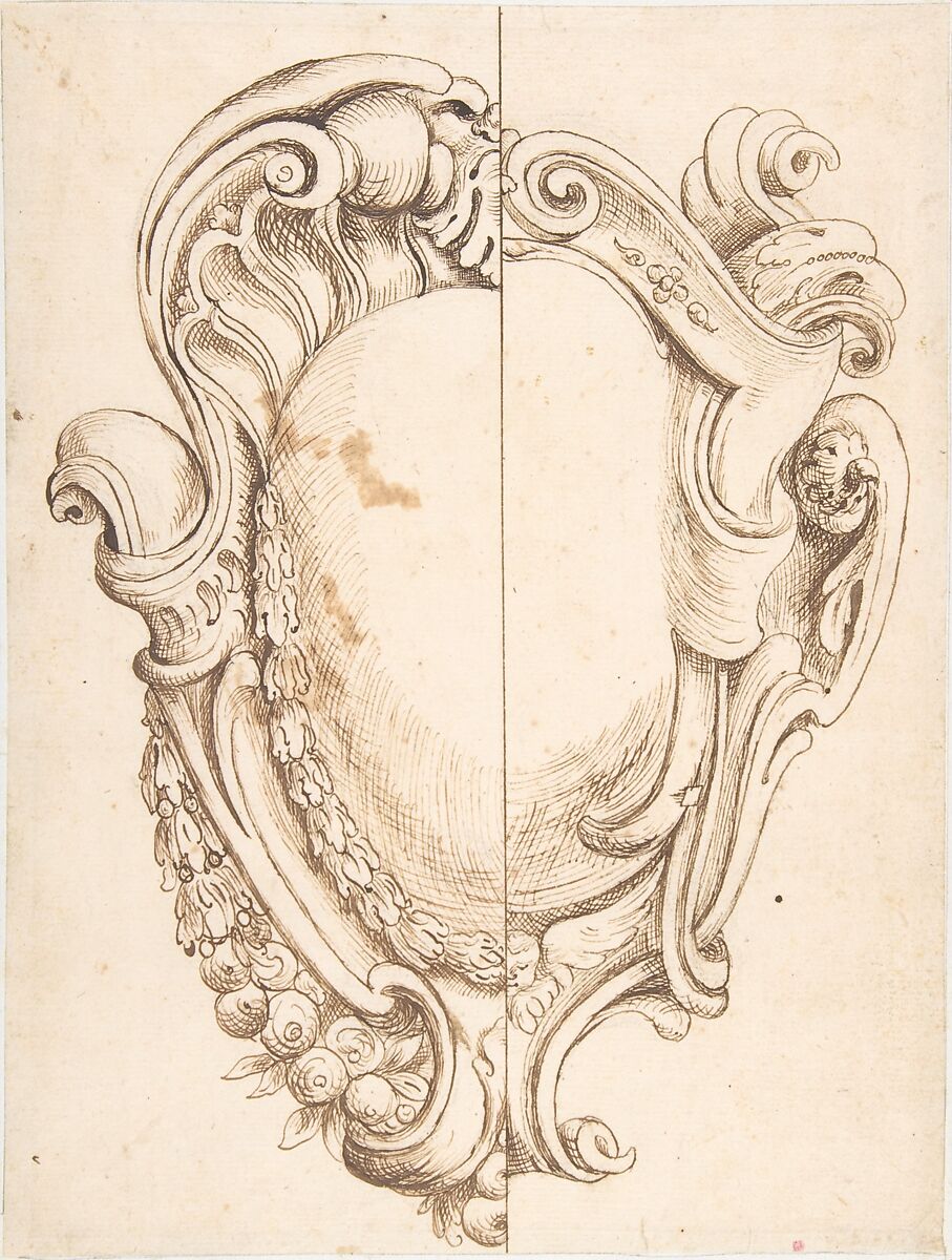 Study with Two Alternate Designs for a Cartouche, Anonymous, Italian, 19th century, Pen and brown ink over black chalk or graphite 