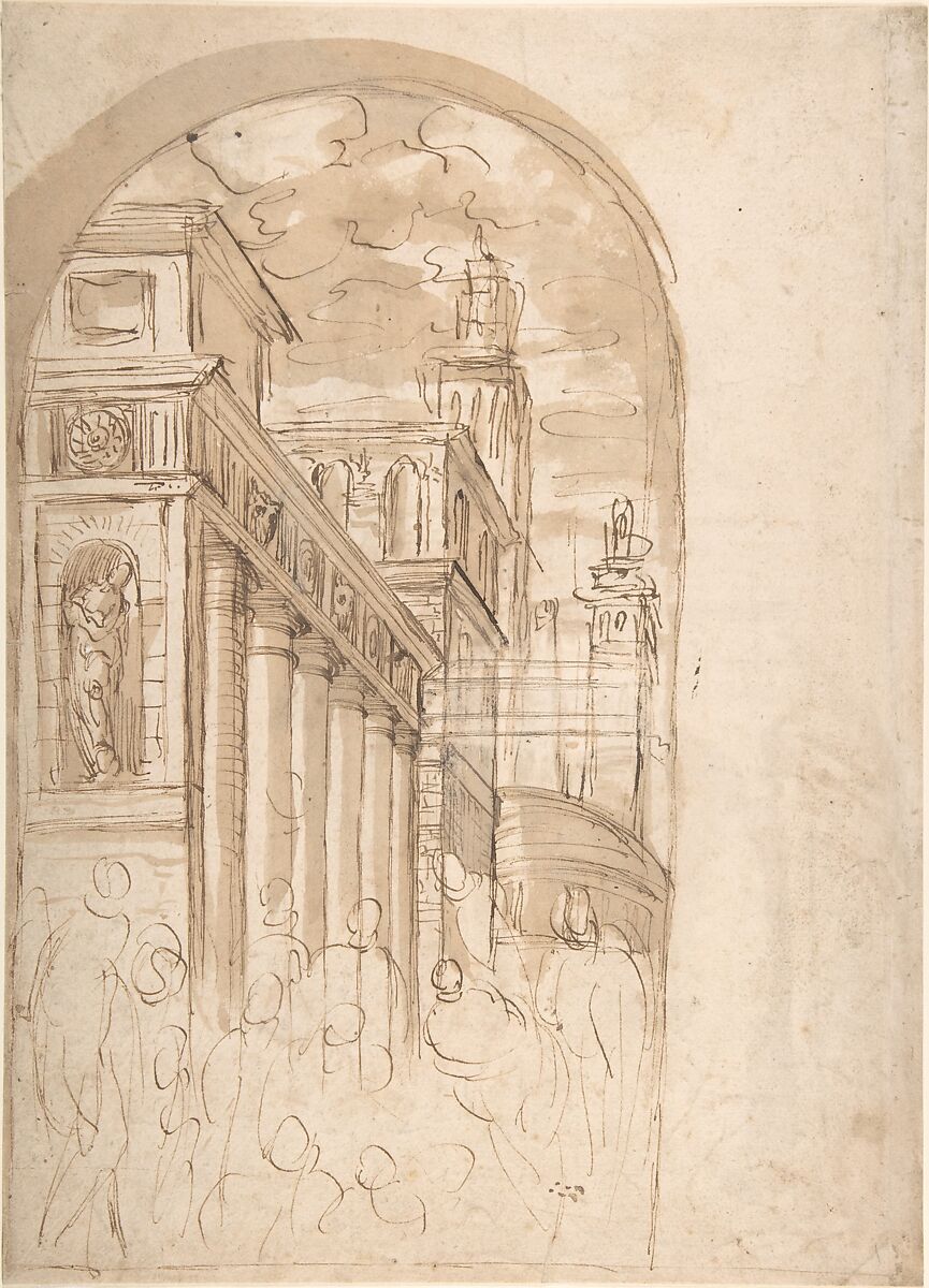 Figures Gathered Before a Group of Buildings, One with a Colonnade (recto); Corner View of a Building all'antica (verso), Anonymous, Italian, Roman-Bolognese, 17th century, Pen and brown ink, brush and brown wash on light tan paper (recto and verso); recto has lunette-shaped framing outline 