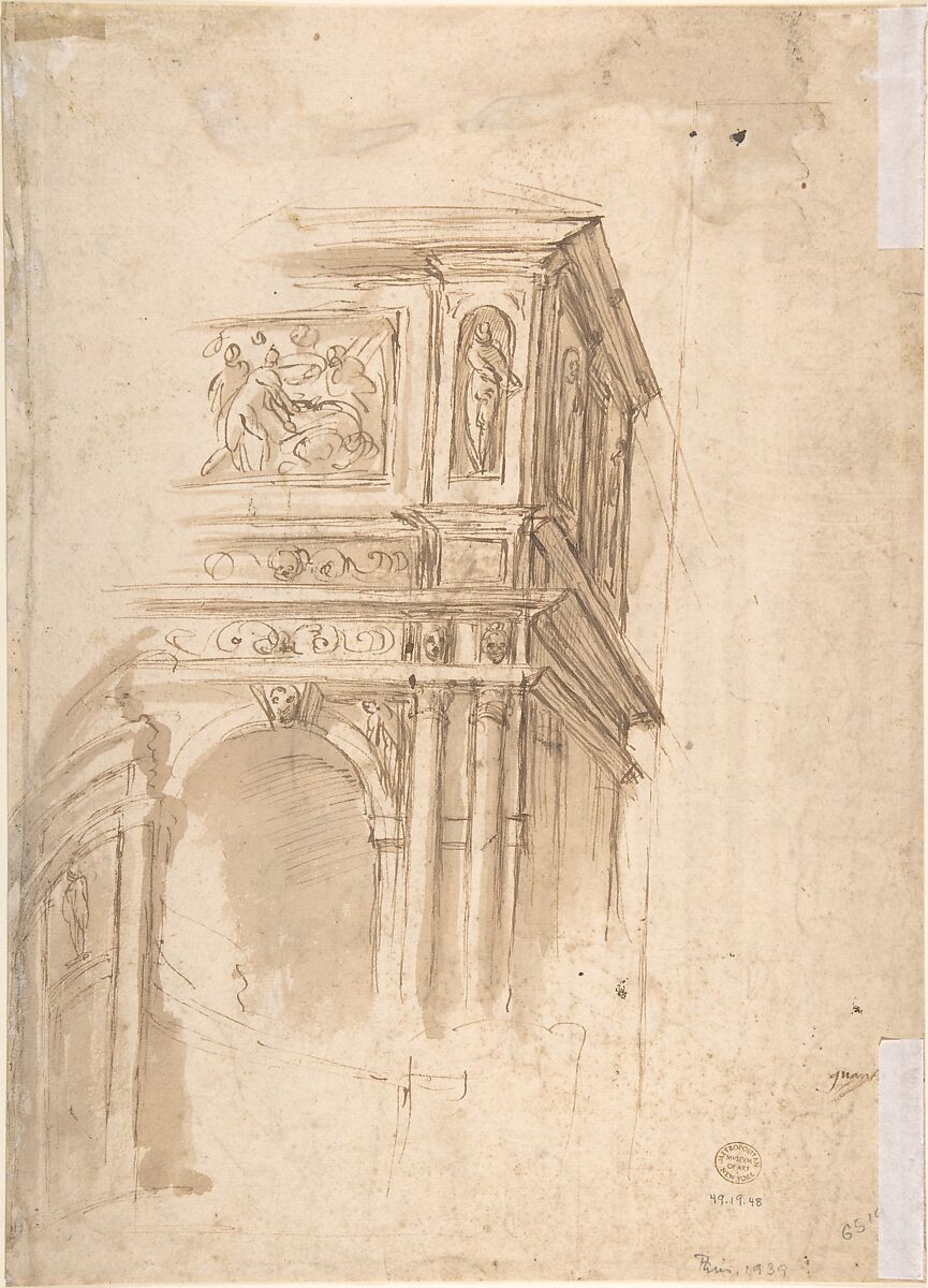 Figures Gathered Before a Group of Buildings, One with a Colonnade (recto); Corner View of a Building all'antica (verso), Anonymous, Italian, Roman-Bolognese, 17th century, Pen and brown ink, brush and brown wash on light tan paper (recto and verso); recto has lunette-shaped framing outline