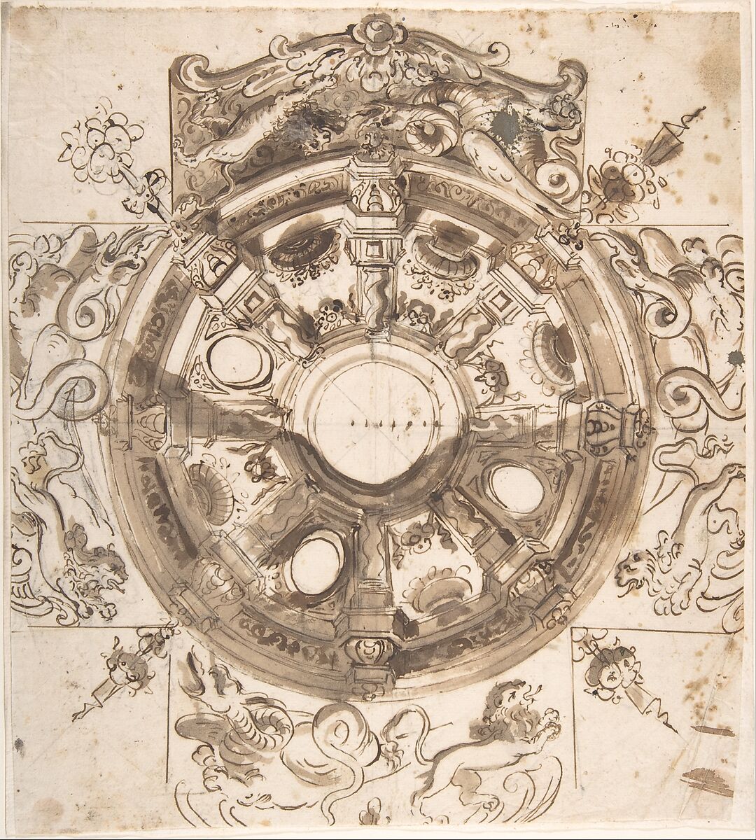 Study for a Ceiling Decoration, Anonymous, Italian, Roman-Bolognese, 17th century, Pen and brown ink, brush and brown wash, over charcoal (?) underdrawing and leadpoint (?) ruled lines, on cream paper 
