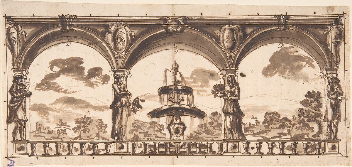 Loggia with Caryatids before a Fountain and Landscape, Anonymous, Italian, Roman-Bolognese, 17th century, Pen and brown ink, brush and brown wash, over black chalk, with ruled stylus incisions, on light tan laid paper.  Framing outline with marks at regular intervals in brown ink 
