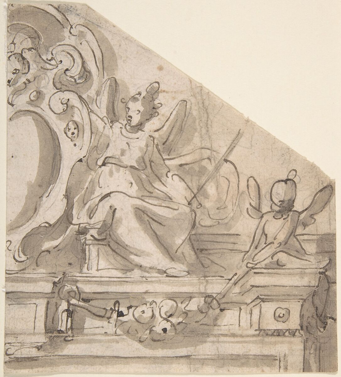 Fragment of a Design for an Overdoor with Seated Angel Supporting Cartouche, and Seated Putto Holding Garland (recto); Fragments of a Cartouche? (verso), Anonymous, Italian, Roman-Bolognese, 17th century, Pen and brown ink, brush and brown wash, over leadpoint (?) on light tan laid paper (recto); black chalk (verso) 