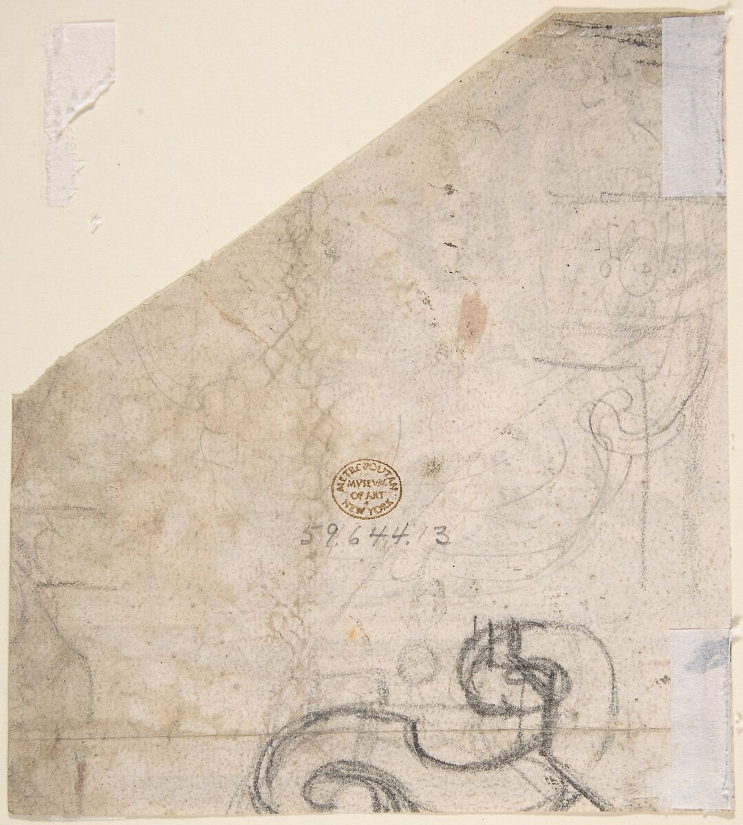 Fragment of a Design for an Overdoor with Seated Angel Supporting Cartouche, and Seated Putto Holding Garland (recto); Fragments of a Cartouche? (verso), Anonymous, Italian, Roman-Bolognese, 17th century, Pen and brown ink, brush and brown wash, over leadpoint (?) on light tan laid paper (recto); black chalk (verso)