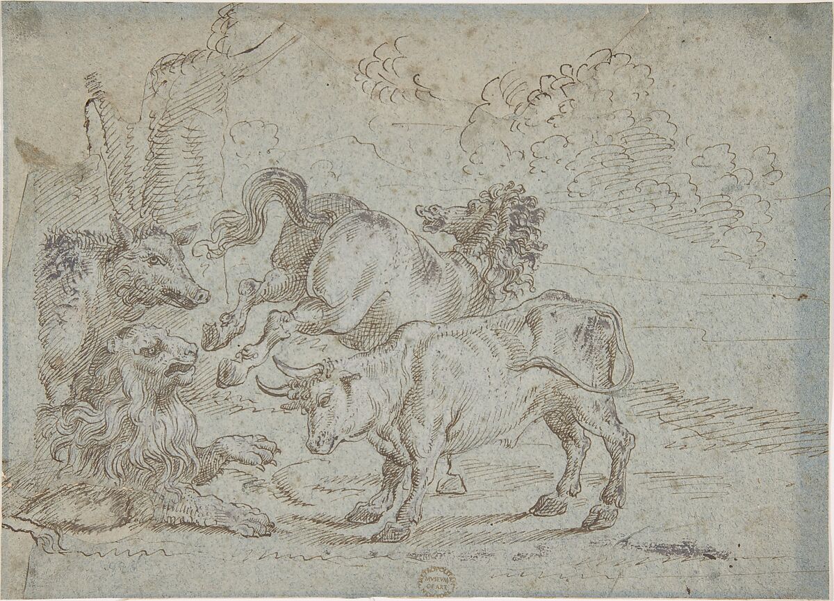 Horse, Bull, Lion, and Boar, Anonymous, Italian, Roman-Bolognese, 17th century, Pen and brown ink over black chalk, highlighted with white gouache on blue paper 