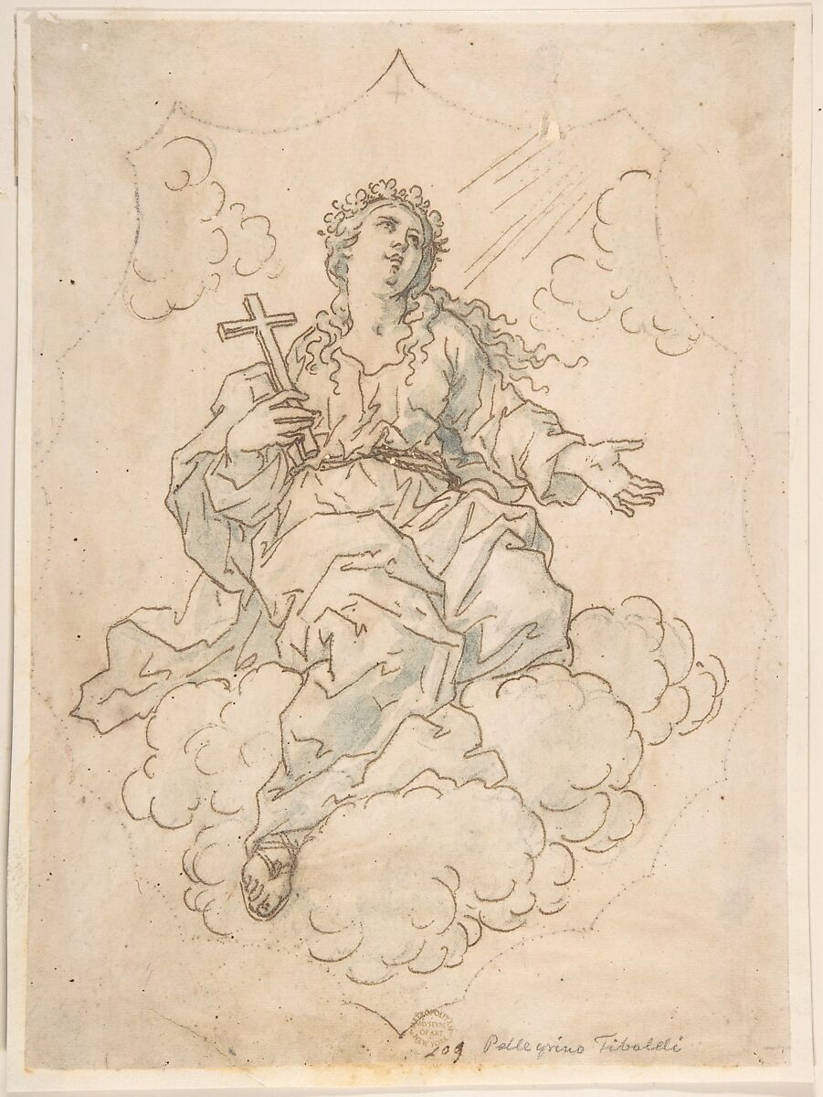 Assumption of Mary Magdalen, Anonymous, Italian, Roman-Bolognese, 17th century, Pen and brown ink, brush with blue-green wash, over black chalk and over pricked outlines on light tan paper 