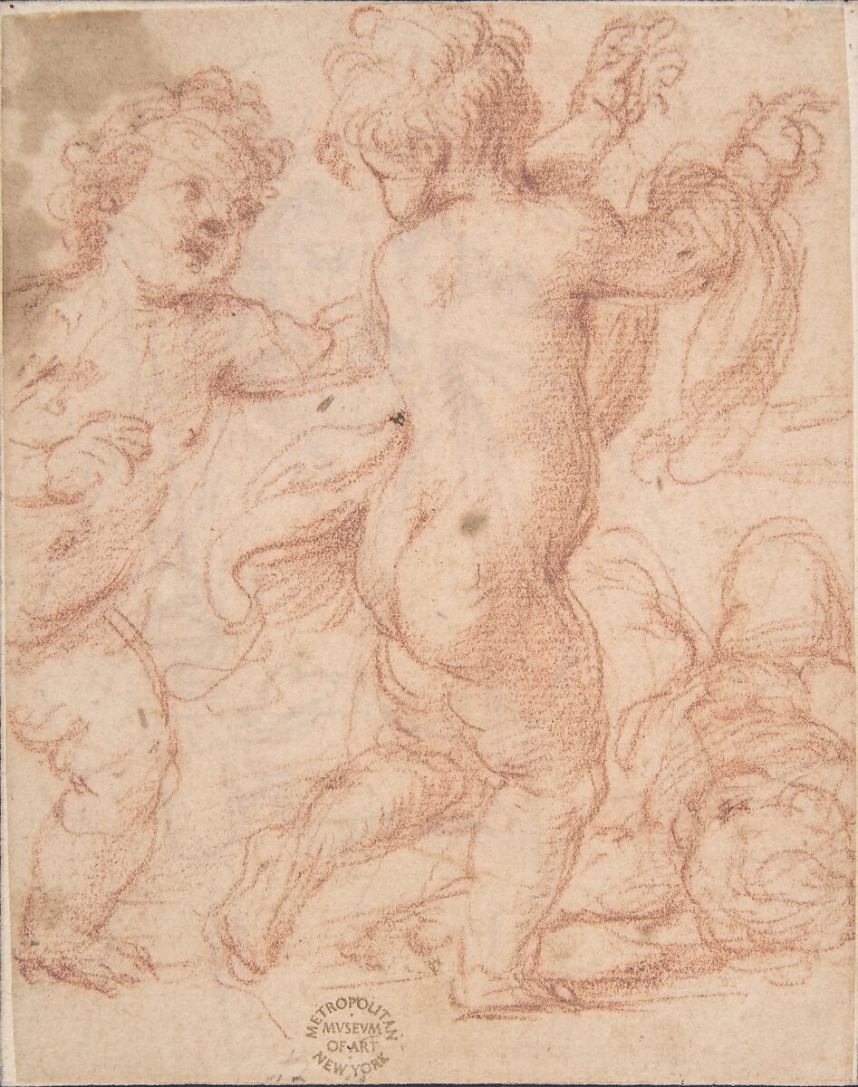 Studies of Children, Anonymous, Italian, Roman-Bolognese, 17th century, Red chalk on light tan paper 