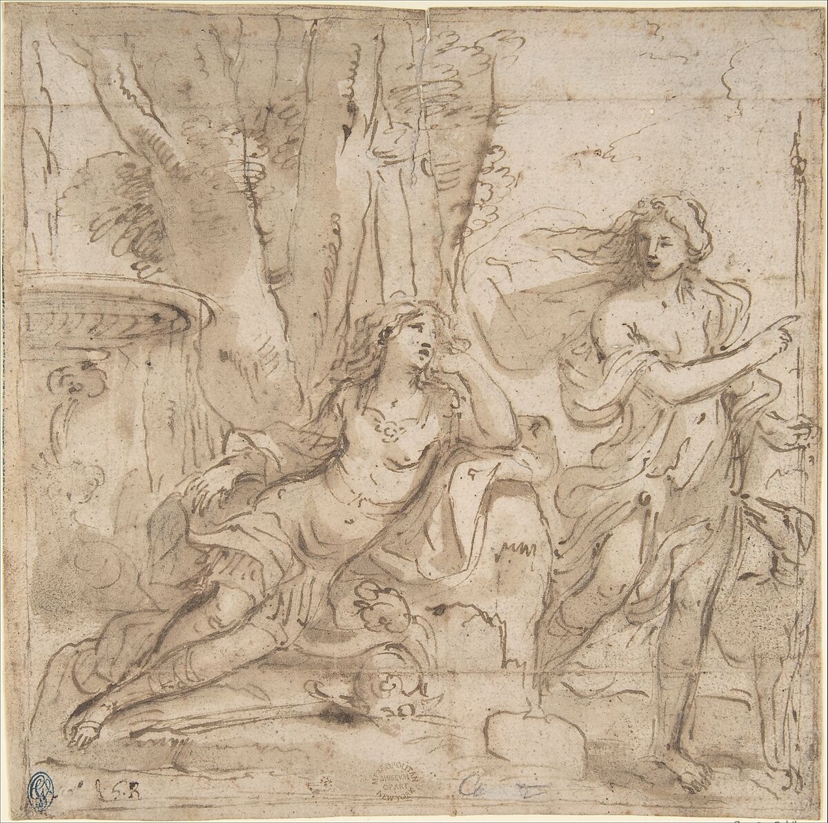 Venus and Adonis, Anonymous, Italian, Roman-Bolognese, 17th century, Pen and brown ink, brush and brown wash, over black chalk on light tan paper. Framing outline in brown ink. Trace of blue ink framing outline along left edge 