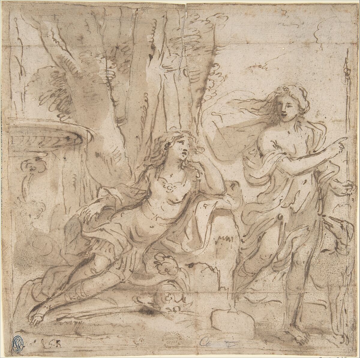 Venus and Adonis, Anonymous, Italian, Roman-Bolognese, 17th century, Pen and brown ink, brush and brown wash, over black chalk on light tan paper; framing lines in pen and brown ink; trace of framing line in pen and blue ink along left edge 