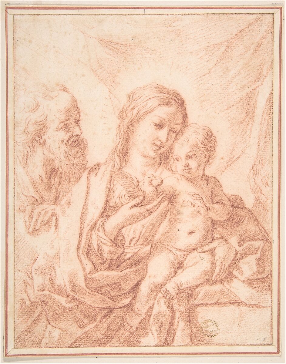 Holy Family, Anonymous, Italian, Roman-Bolognese, 17th century, Red chalk on cream laid paper with stylus-incised lines. Ruled framing outline in red chalk 