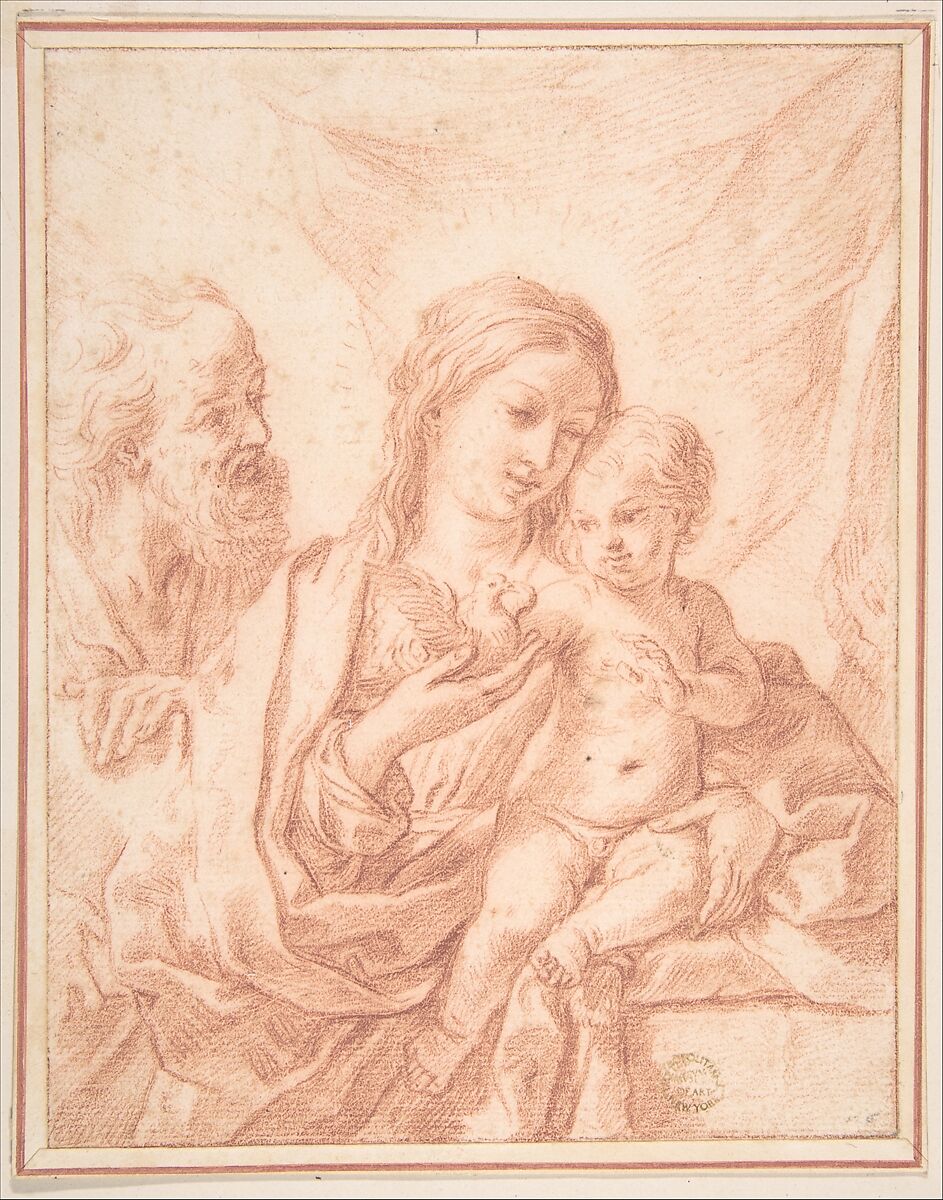 Holy Family, Anonymous, Italian, Roman-Bolognese, 17th century, Red chalk on cream laid paper with stylus-incised lines; ruled framing lines in red chalk 