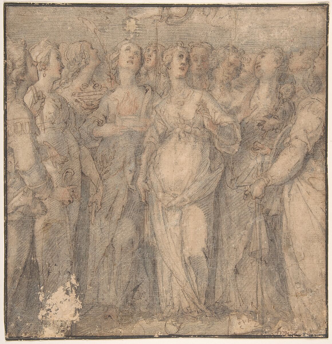 Group of Standing Female Saints (the Holy Virgins), Anonymous, Italian, 16th to 17th century, Pen and brown ink outlines, over red chalk underdrawing, and rendering of shadows in soft grayish black chalk, on light brown paper; framing outlines in pen and dark brown ink 