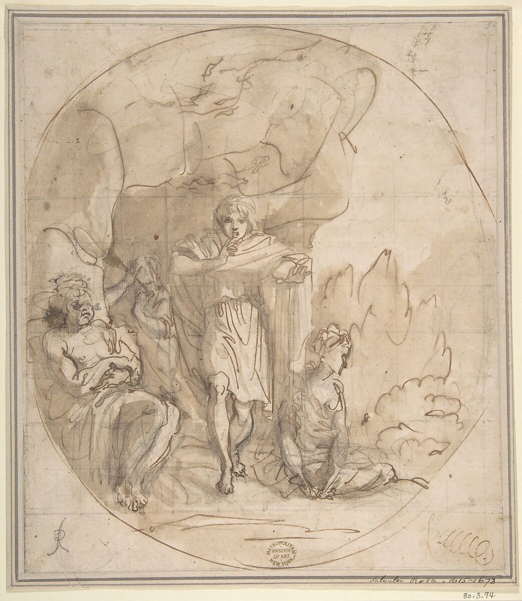 Orpheus, Anonymous, Italian, Roman-Bolognese, 17th century, Pen and brown ink, brush and brown wash, over black chalk on light brown paper; squared for transfer in leadpoint or black chalk; oval framing outline in pen and brown ink 