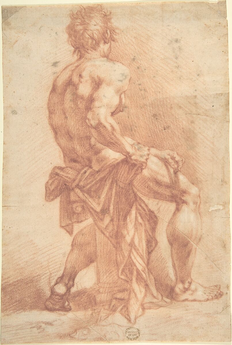 Male Figure Seated on a Column, Giovanni Larciani ("Master of the Kress Landscapes") (Italian, 1484–1527), Red chalk on light tan paper 