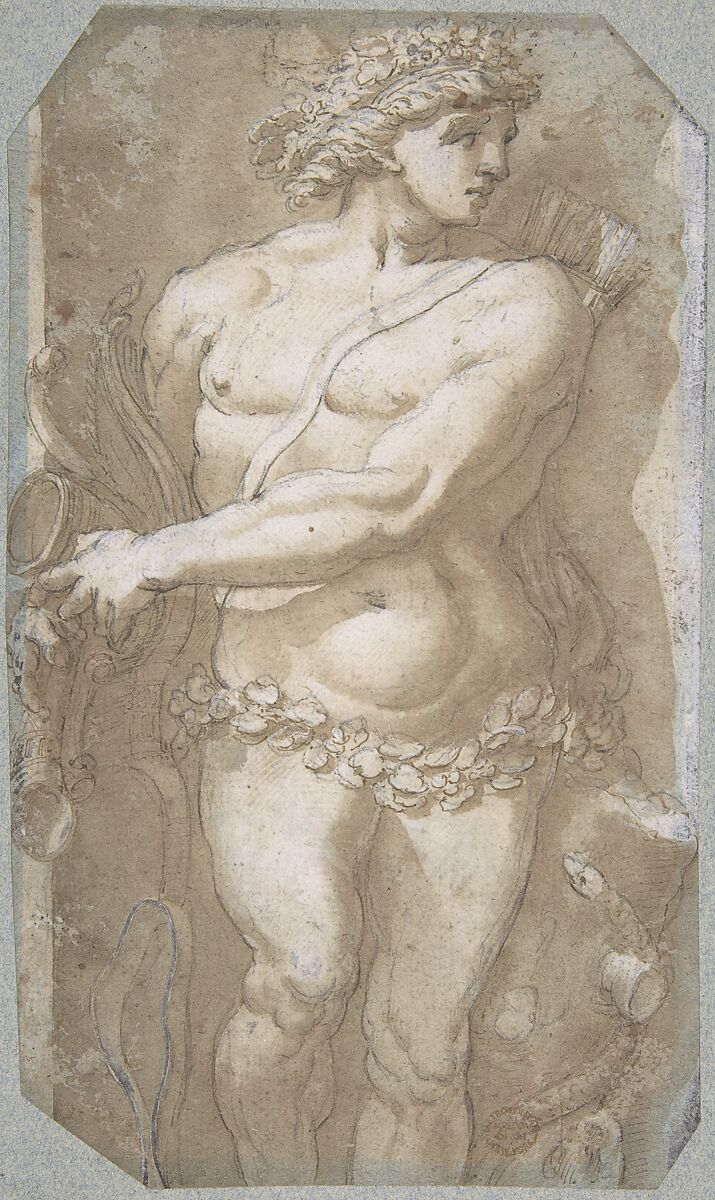 Apollo, Anonymous, Italian, Roman-Bolognese, 17th century, Pen and brown ink, brush and brown wash, over black chalk, brush and white gouache highlights, on light blue paper, faded to light brown 