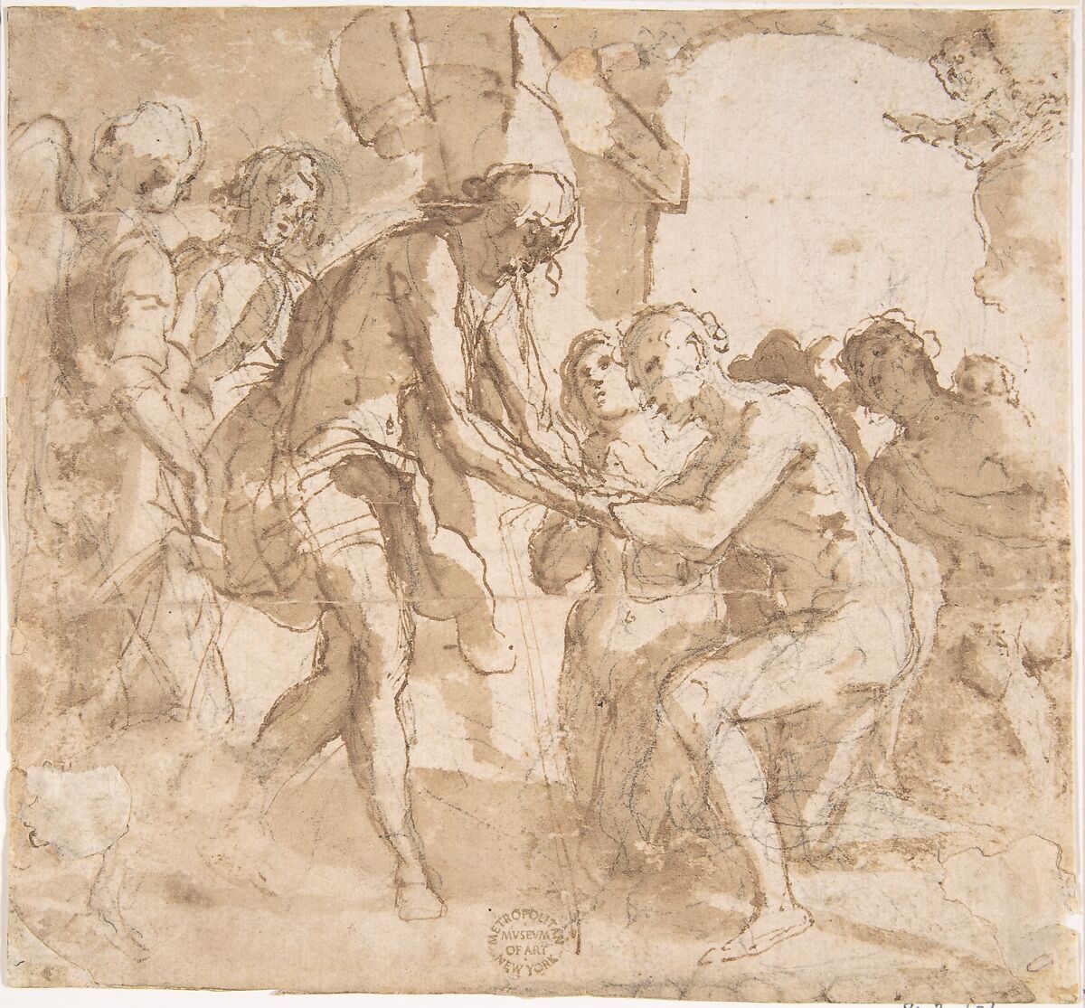 Descent of Christ into Limbo, Anonymous, Italian, 16th century (Italian, active Central Italy, ca. 1550–1580), Pen and brown ink, brush and brown wash, over black chalk on cream paper 