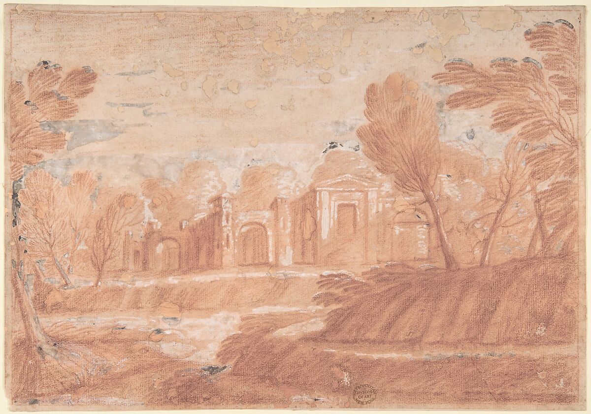 Landscape with Architectural Structure, Anonymous, Italian, Roman-Bolognese, 17th century, Red chalk highlighted with white gouache on light brown paper; reworked counterproof 