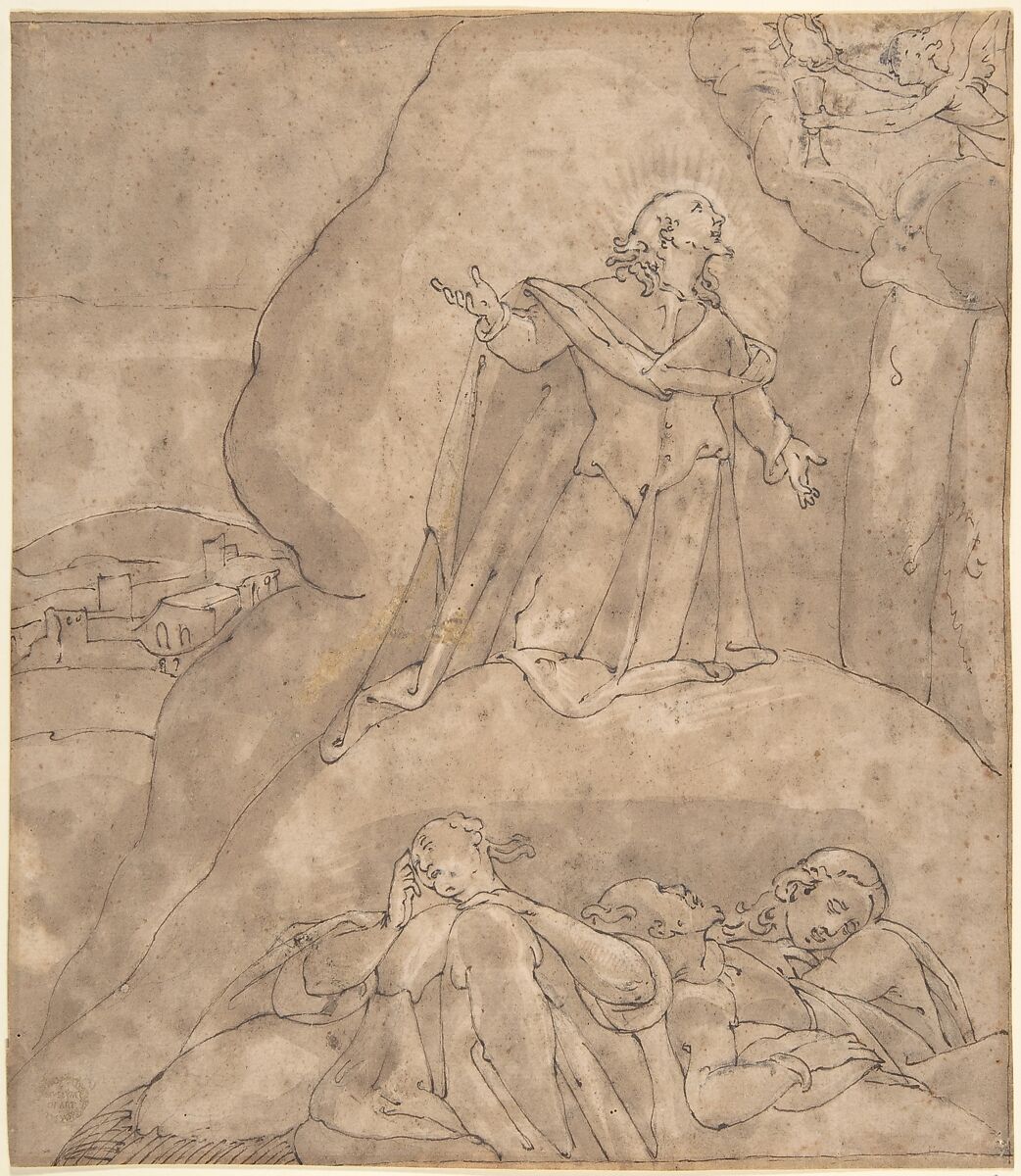The Agony in the Garden, Anonymous, Italian, 16th century (Italian, active Central Italy, ca. 1550–1580), Pen and brown ink, brush and brown wash, over traces of black chalk on light brown paper; fragments of framing outlines in brown ink along top, right, and bottom edges 