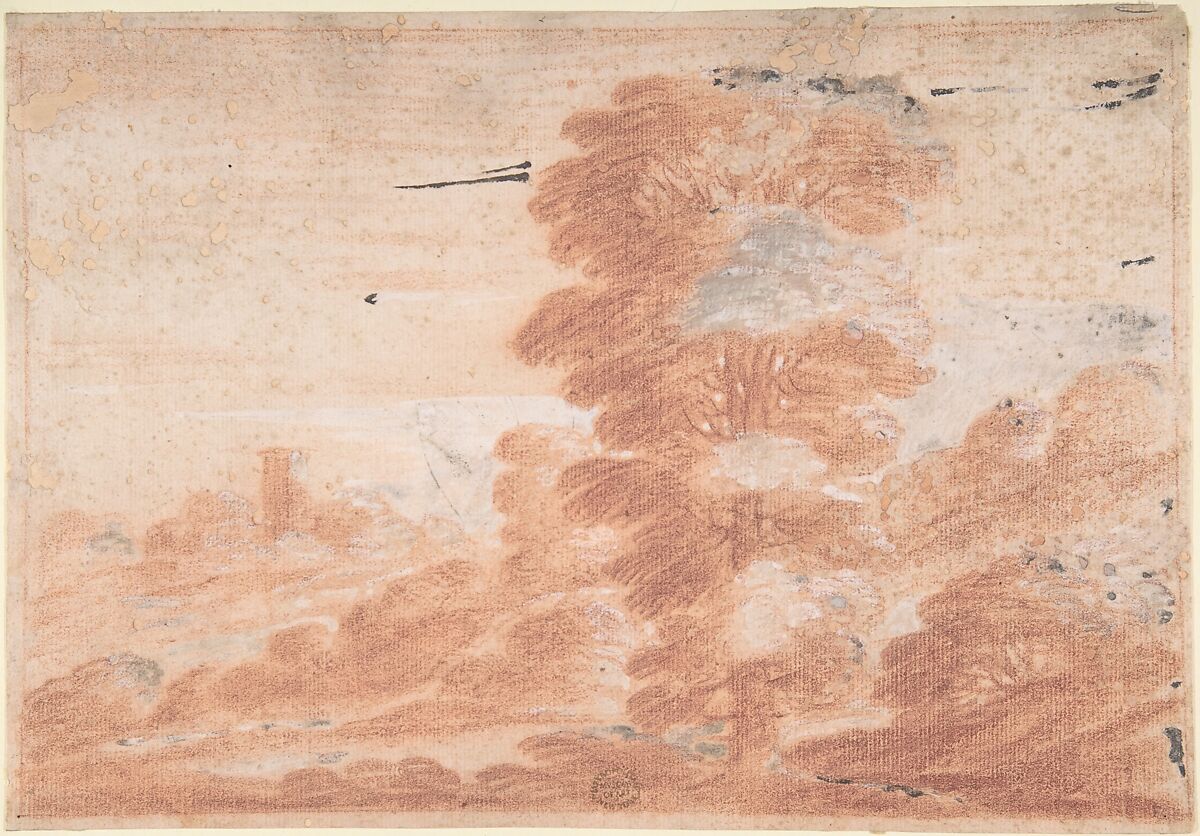 Landscape, Anonymous, Italian, Roman-Bolognese, 17th century, Reworked counterproof; red chalk highlighted with white gouache on light brown paper 