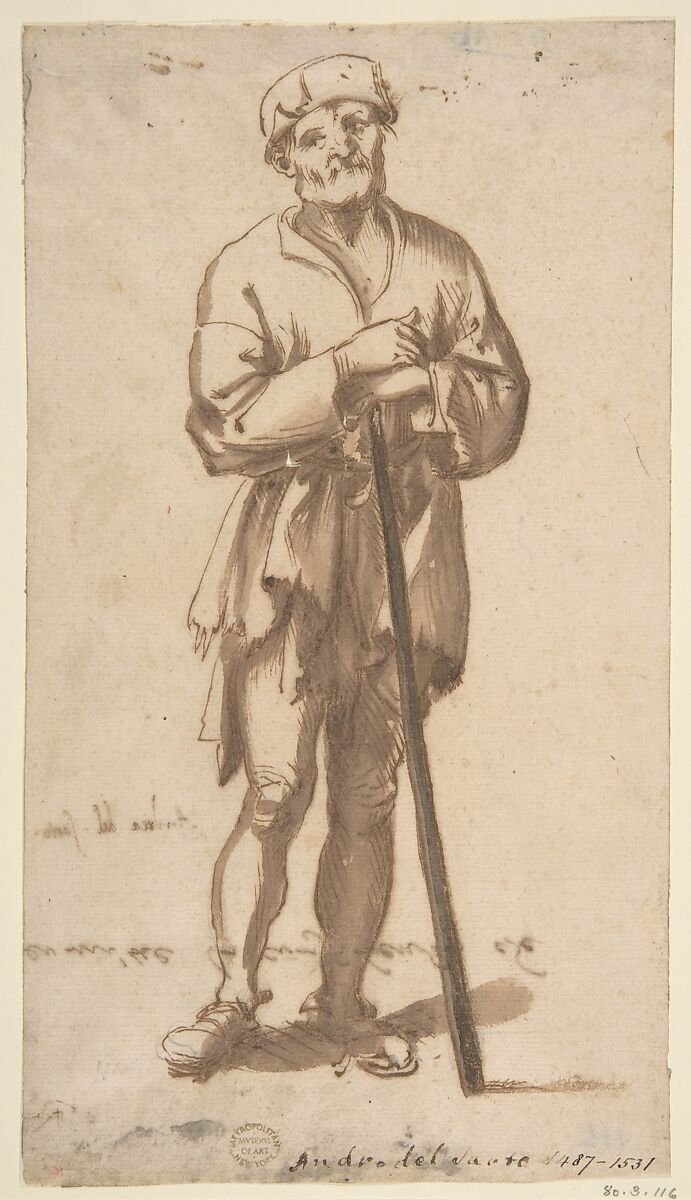 Standing Old Man in Frontal View Leaning On a Staff, Anonymous, Italian, Roman-Bolognese, 17th century, Pen and brown ink, brush and brown wash, over black chalk on light tan paper 