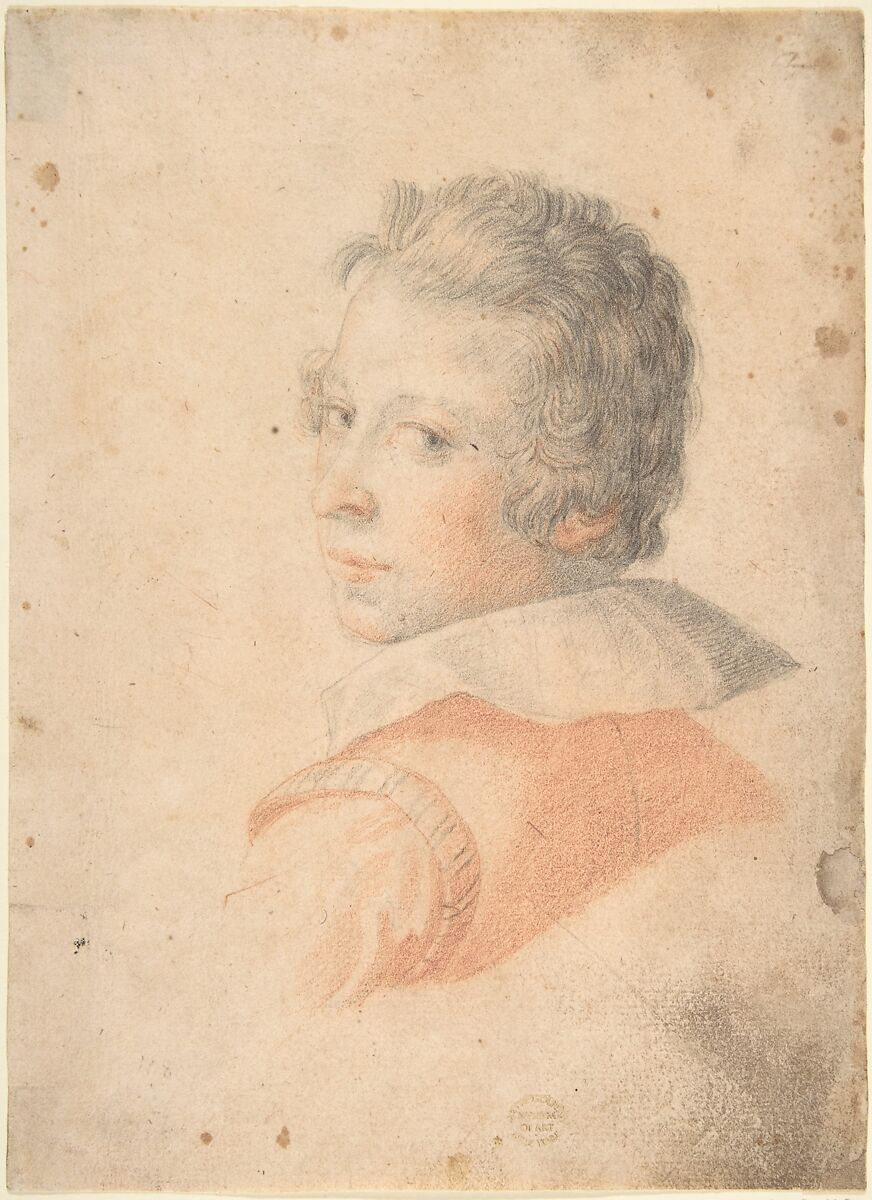 Portrait of a Young Man in Three-Quarter View Looking over His Left Shoulder, Anonymous, Italian, Roman-Bolognese, 17th century, Red and black chalk on cream paper 