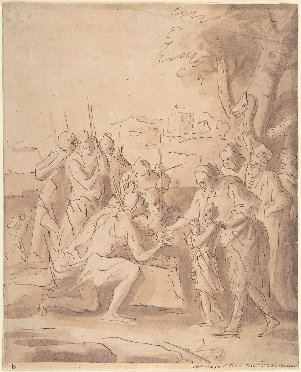 Joseph Sold by His Brothers, Anonymous, Italian, Roman-Bolognese, 17th century, Pen and brown ink, brush and brown wash, over black chalk on light tan paper 