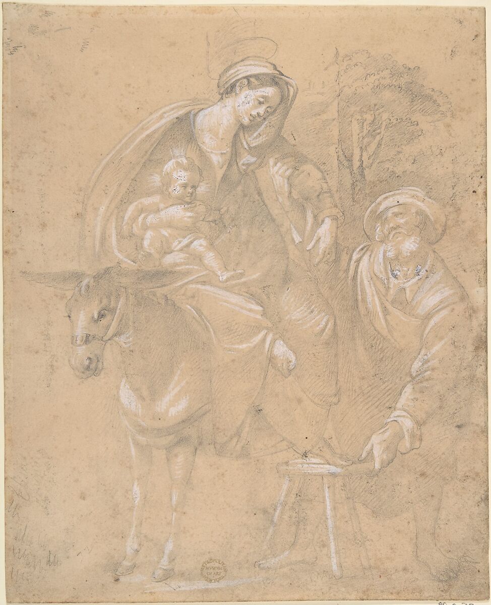 Copy of a Repose in Egypt painted by Giovanni da San Giovanni (Giovanni Mannozzi) 1592–1636, for a chapel in the Garden of Crocetta, now in the Accademia in Florence, Anonymous, Italian, Roman-Bolognese, 17th century, Graphite, highlighted with white gouache on light brown tan paper 