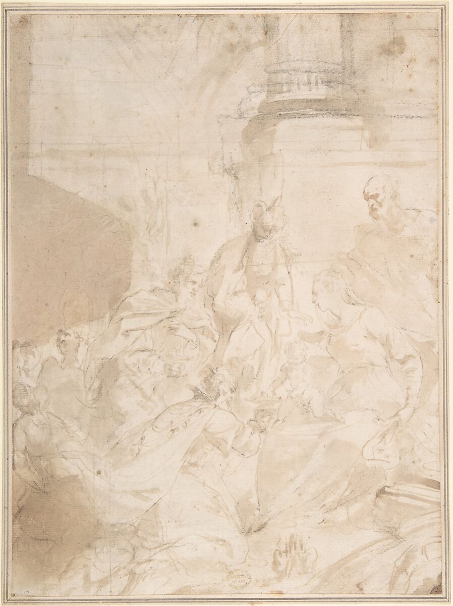 Adoration of the Kings, Anonymous, Italian, Roman-Bolognese, 17th century, Pen and brown ink, brush and brown wash, over charcoal on cream paper 