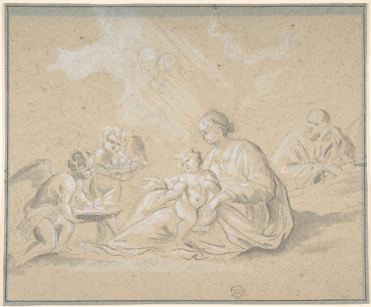 Rest on the Flight into Egypt, Anonymous, Italian, Roman-Bolognese, 17th century, Leadpoint or graphite, brush and gray wash, highlighted with lead white on heavy blue paper faded to light brown; ruled framing outlines in black ink 
