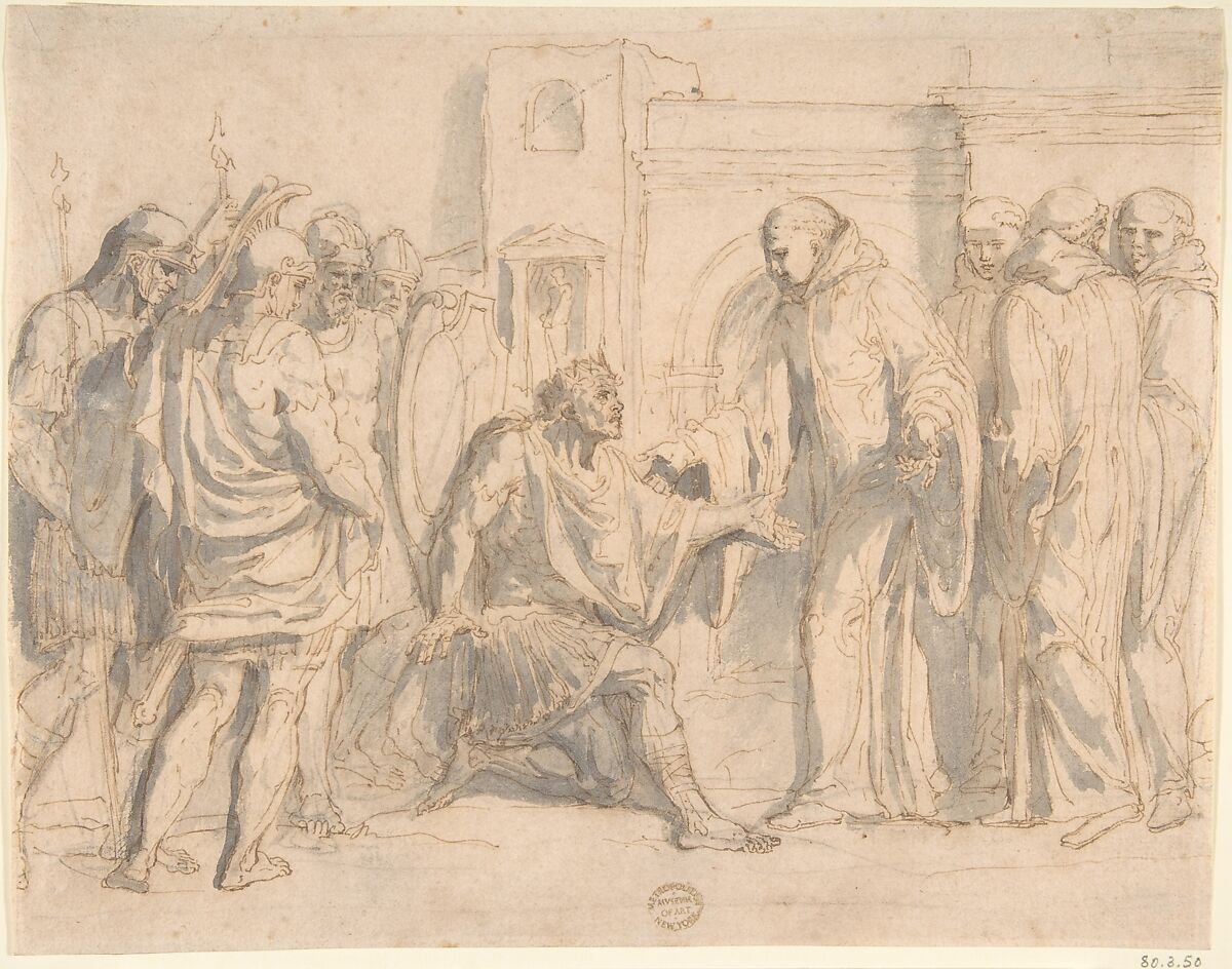 Saint Benedict and King Totila, Anonymous, Italian, Roman-Bolognese, 17th century, Pen and brown ink, brush and gray wash, over traces of black chalk 
