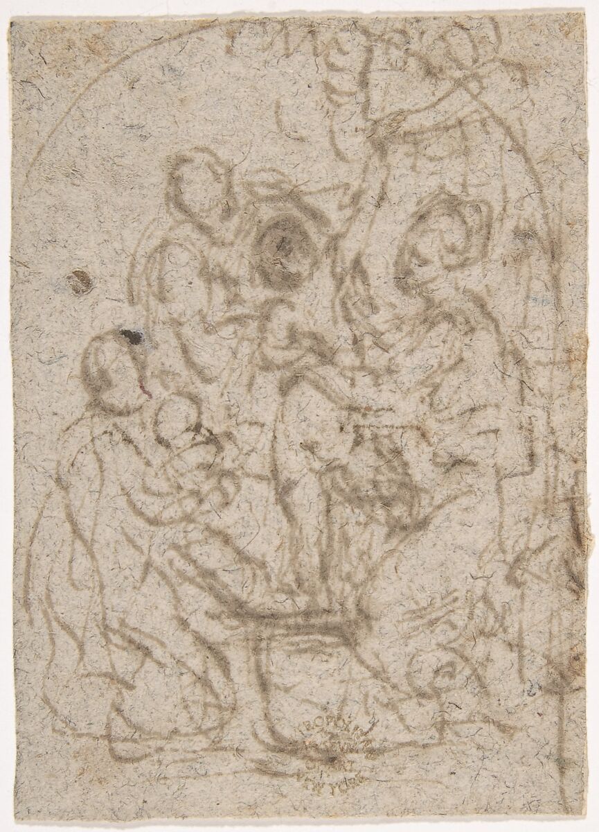 Madonna and a Group of Saints, Anonymous, Italian, 16th century (Italian, active Central Italy, ca. 1550–1580), Pen and brown ink on gray paper, probably faded from blue-gray; arched framing outline in brown ink at top edge 