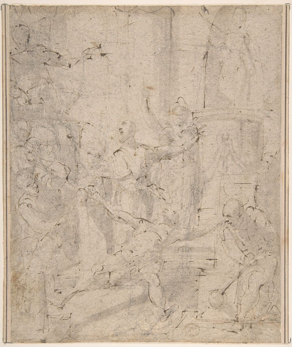 Martyrdom of Saint Andrew, Anonymous, Italian, Roman-Bolognese, 17th century, Pen and brown ink, brush and brown/gray wash, over traces of charcoal, on light brown paper 