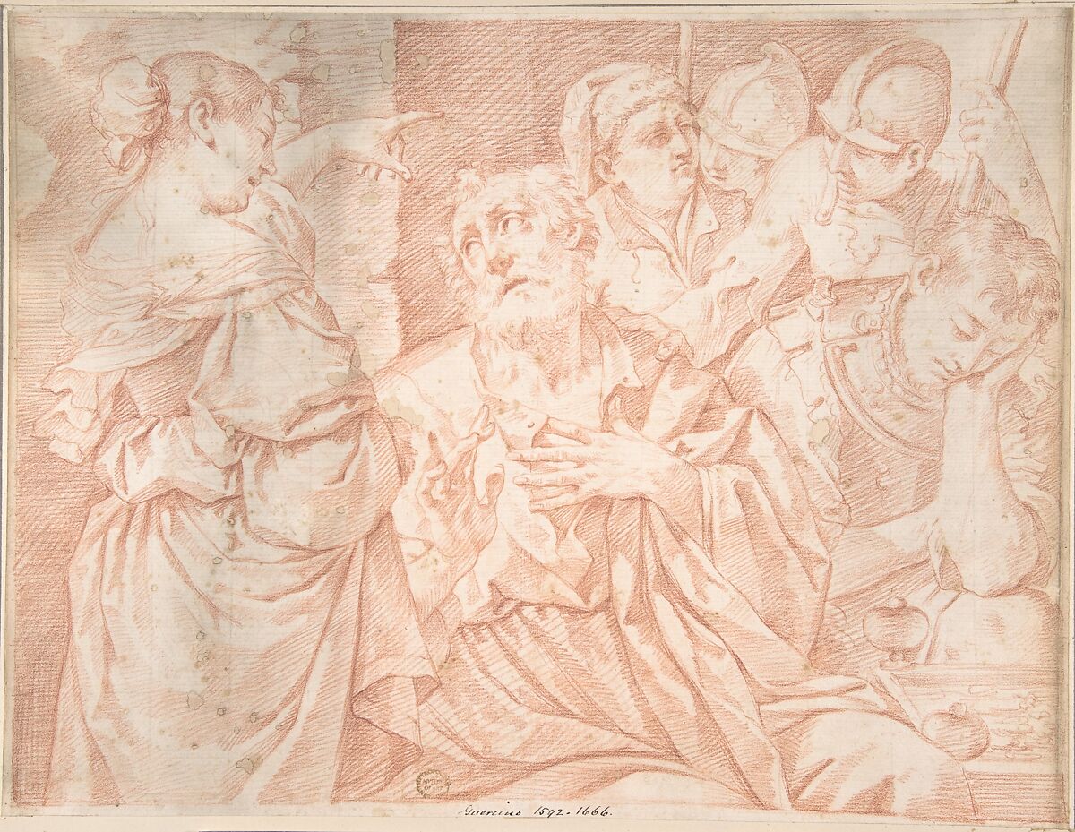 Peter Denying Christ, engraver's copy after a painting by Lorenzo Pasinelli, Anonymous, Italian, Roman-Bolognese, 17th century, Red chalk on cream paper; framing lines in red chalk, and black chalk, along right edge 