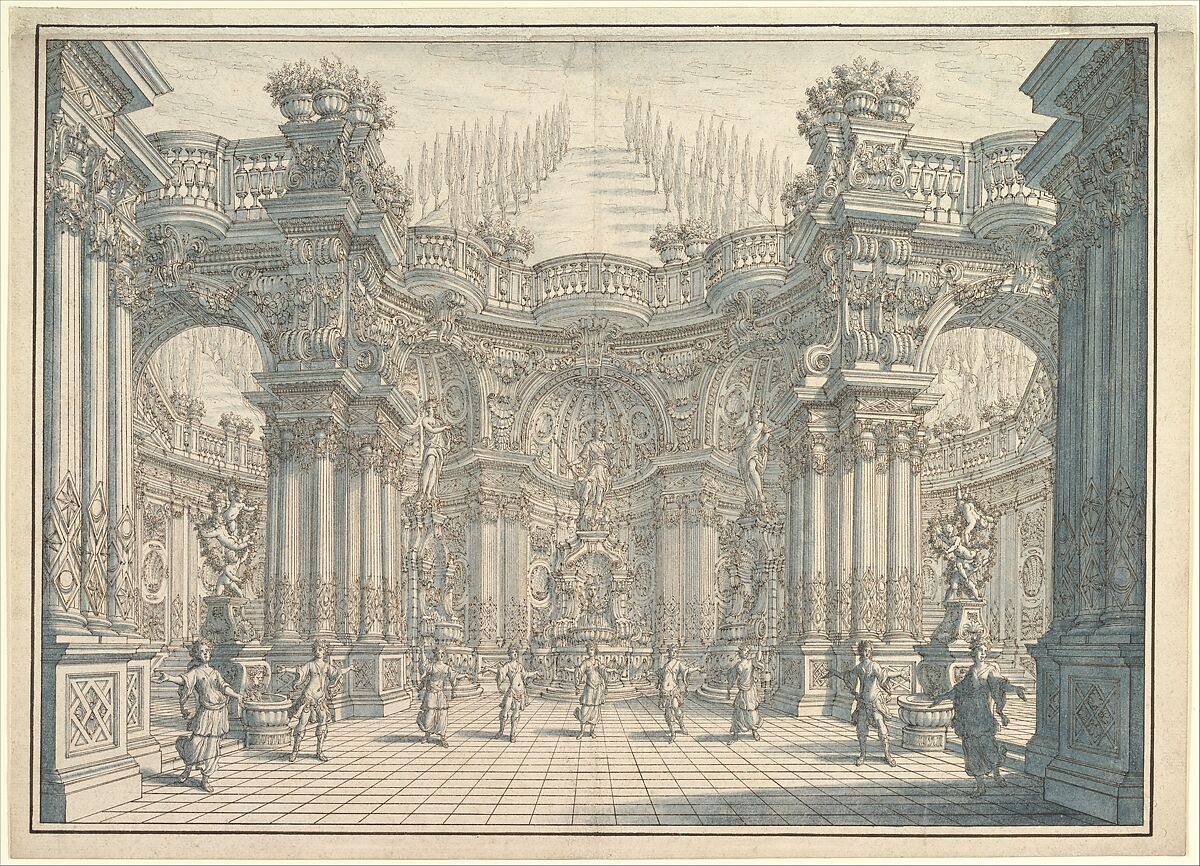 Stage Setting with Ballet, Ferdinando Galli Bibiena (Italian, Bologna 1657–1743 Bologna) ?, Ink and blue wash 