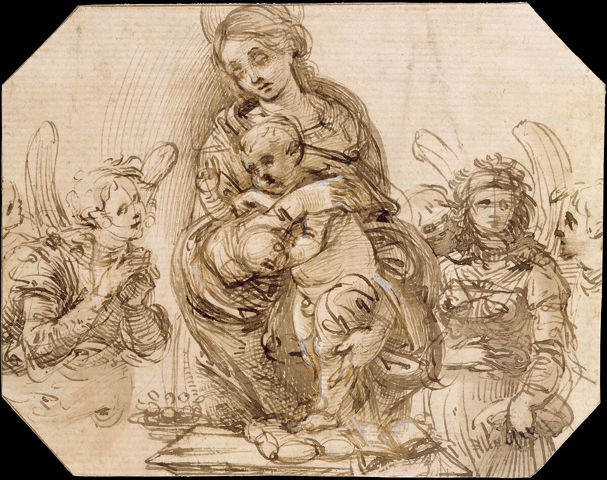 Virgin and Child Attended by Angels, Attributed to Filippino Lippi (Italian, Prato ca. 1457–1504 Florence), Pen and brown ink, brush and brown wash, highlighted with white gouache