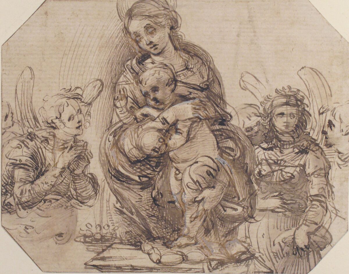 Virgin and Child Attended by Angels, Attributed to Filippino Lippi (Italian, Prato ca. 1457–1504 Florence), Pen and brown ink, brush and brown wash, highlighted with white gouache