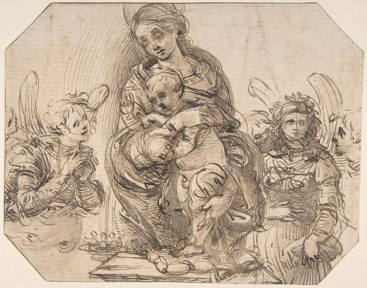 Virgin and Child Attended by Angels, Attributed to Filippino Lippi (Italian, Prato ca. 1457–1504 Florence), Pen and brown ink, brush and brown wash, highlighted with white gouache 