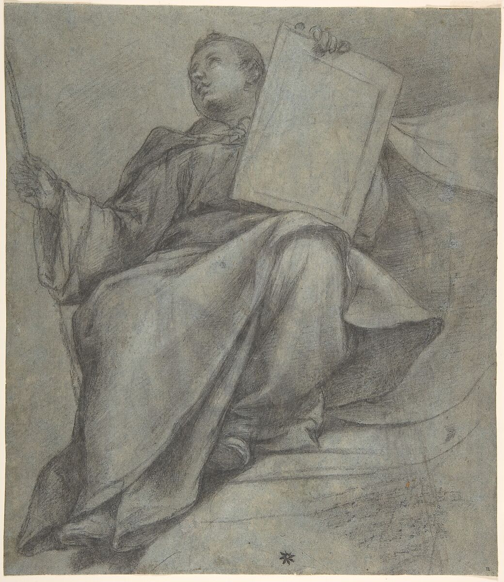 Seated Monk, Denijs Calvaert (Netherlandish, Antwerp ca. 1540–1619 Bologna), Black and white chalk on blue paper 