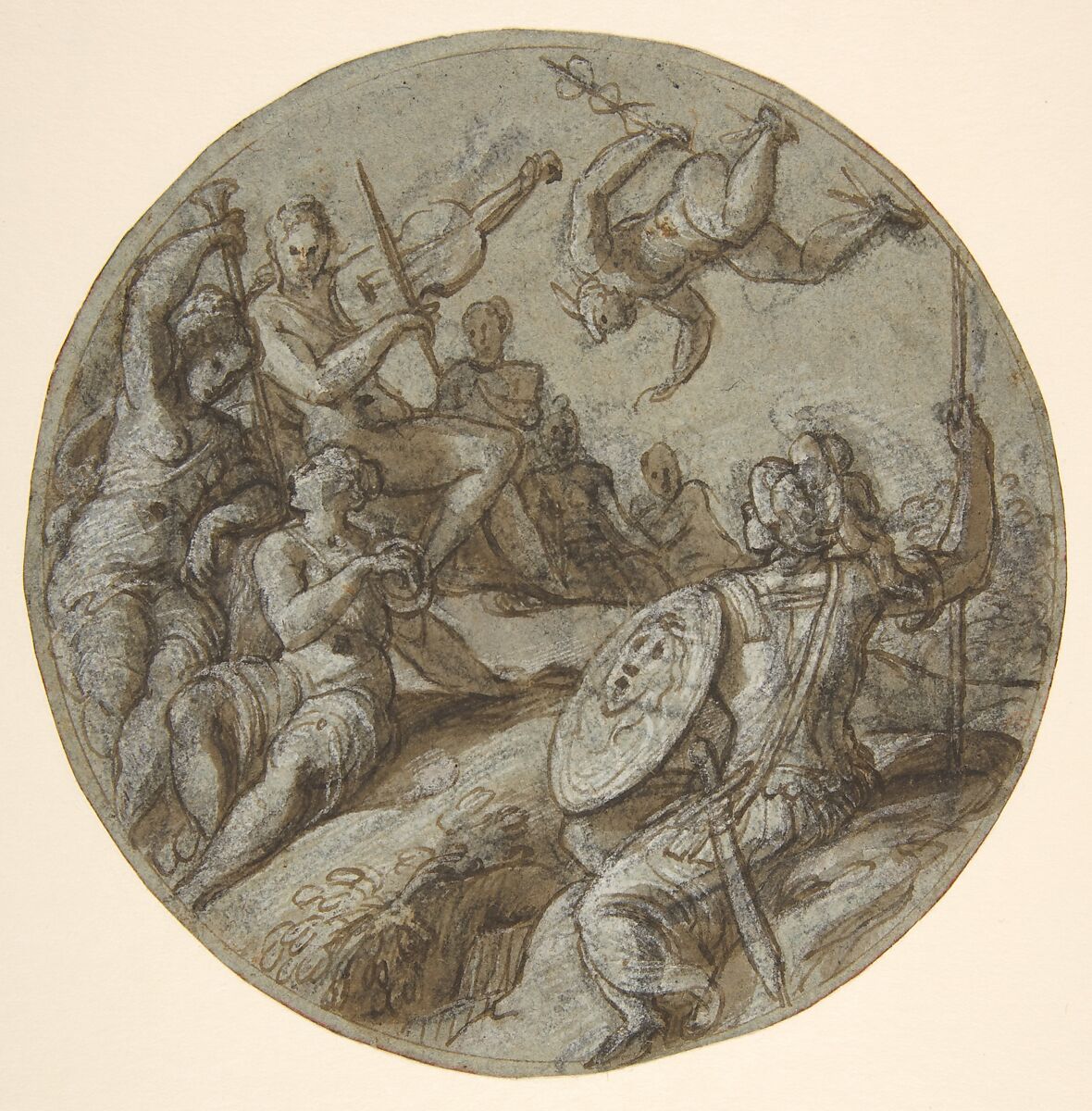 Classical Gods, Muses, and Allegorical Figures, Giuseppe Salviati (Giuseppe Porta, called Il Salviati) (Italian, Castelnuovo di Garfagnana ca. 1520–ca. 1575 Venice), Pen and brown ink, brush and brown wash, highlighted with white gouache, over black chalk, on blue paper; circular framing outline in compass point and brown ink 