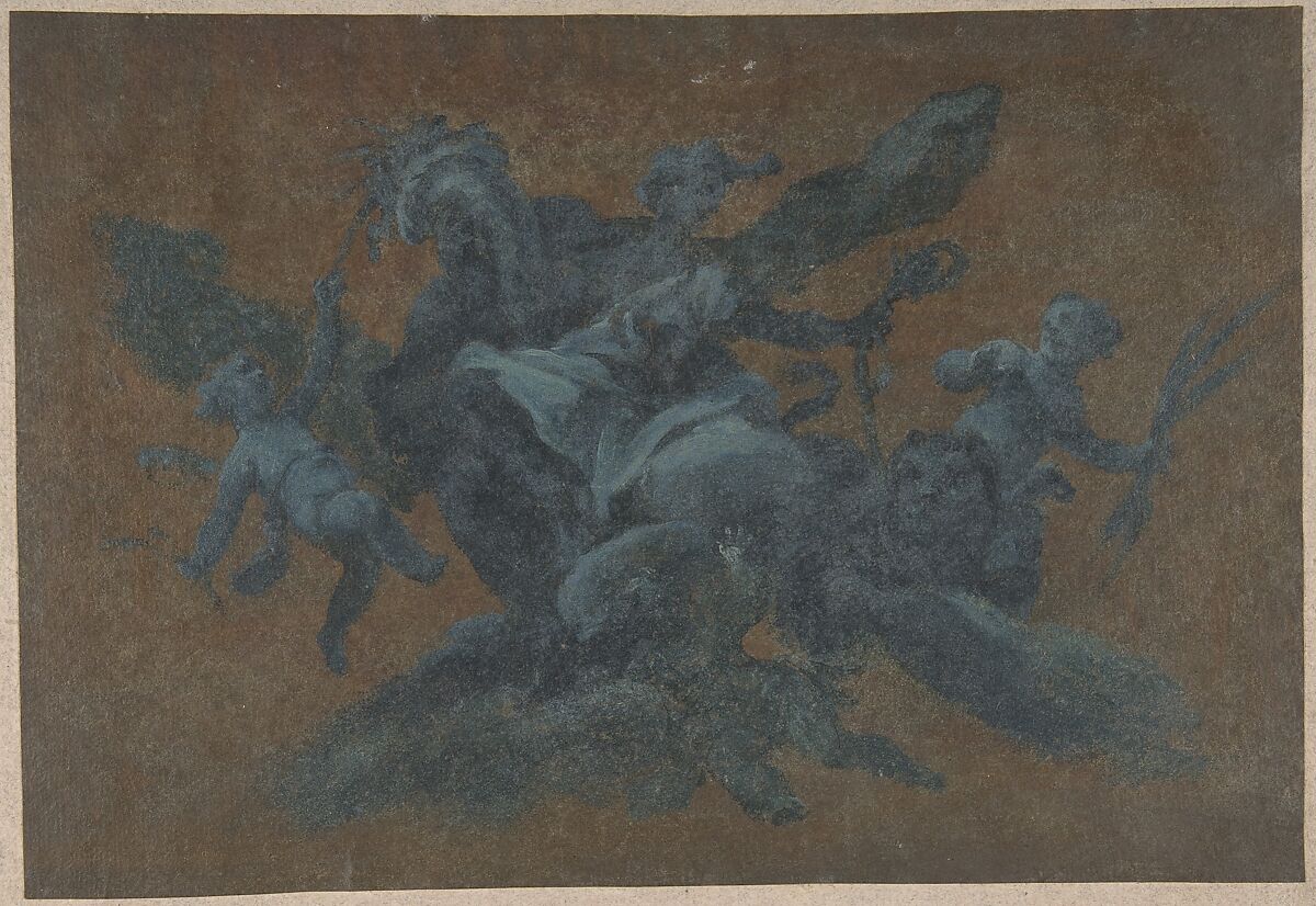Allegorical Figure of Abundance, Giovanni Larciani ("Master of the Kress Landscapes") (Italian, 1484–1527), Blue oil paint on beige paper 