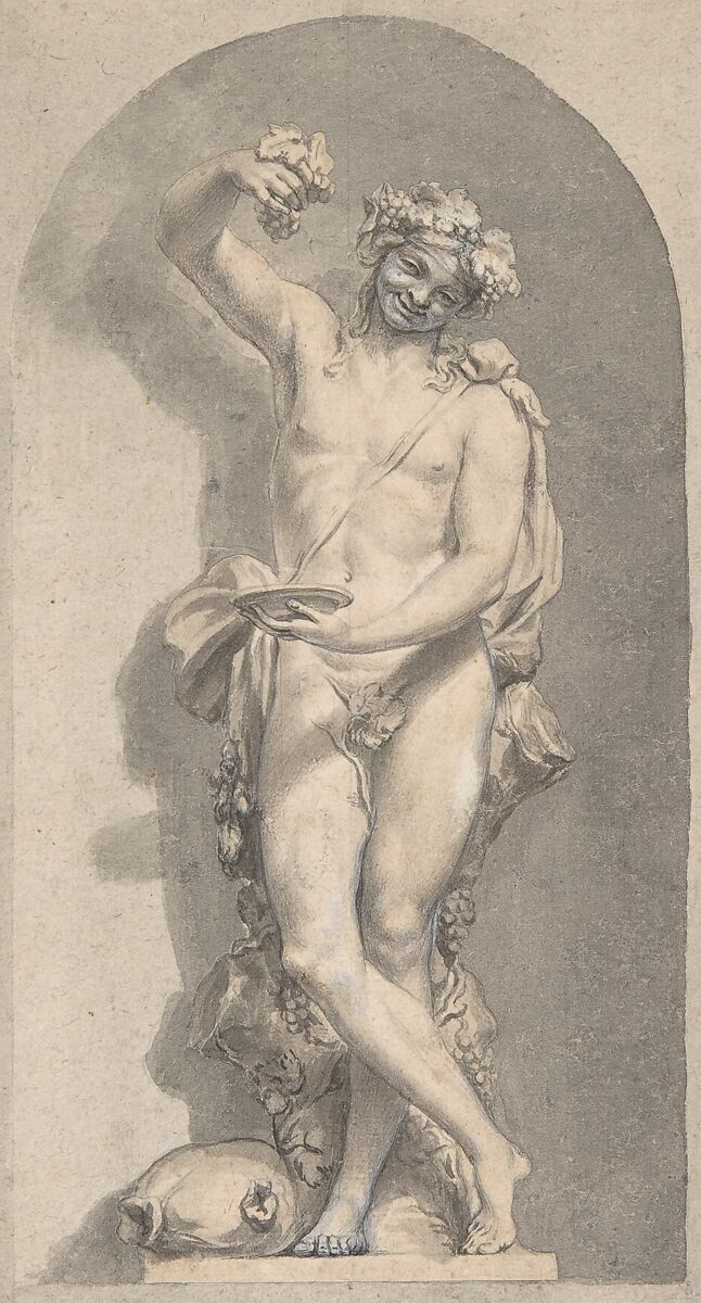 Silhouetted Study of Bacchus in a Niche, Giovanni Larciani ("Master of the Kress Landscapes") (Italian, 1484–1527), Pen and  gray ink, brush with gray and pale brown wash, highlighted with white gouache, over black chalk, on cream paper.  Figure cut out along contours and pasted onto a drawn niche with an arched top (in brush and gray wash, over graphite or lead) on beige paper 