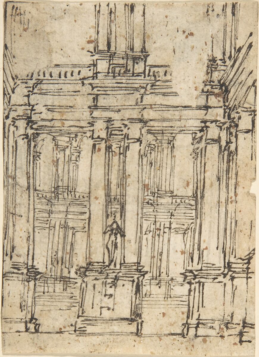 Architectural Drawing, Giovanni Larciani ("Master of the Kress Landscapes") (Italian, 1484–1527), Pen and black ink over traces of black chalk, on cream paper 