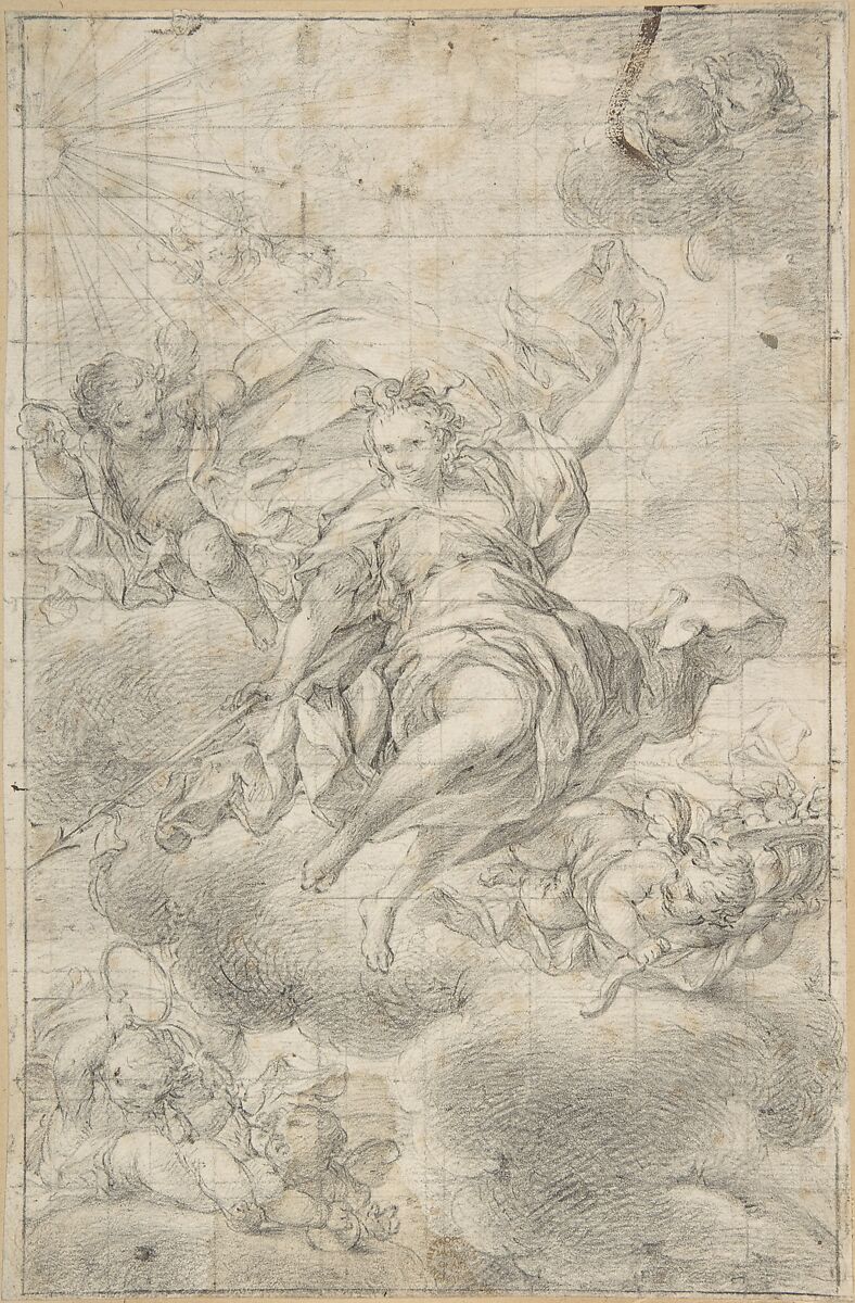 Design for a Ceiling Painting, Giovanni Larciani ("Master of the Kress Landscapes") (Italian, 1484–1527), Black chalk on cream laid paper. Squared (with numbers along left border) in black chalk 