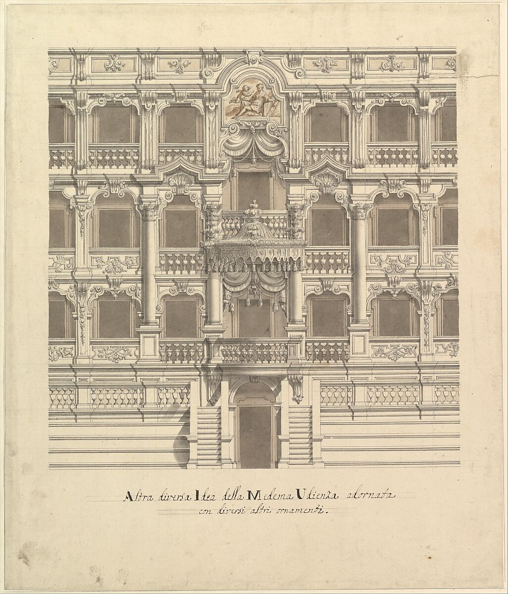 Views of a Theater (Bayreuth): Interior Elevation of the Theater Showing Royal Box, Workshop of Giuseppe Galli Bibiena (Italian, Parma 1696–1756 Berlin), Pen, gray ink, and gray and brown wash 