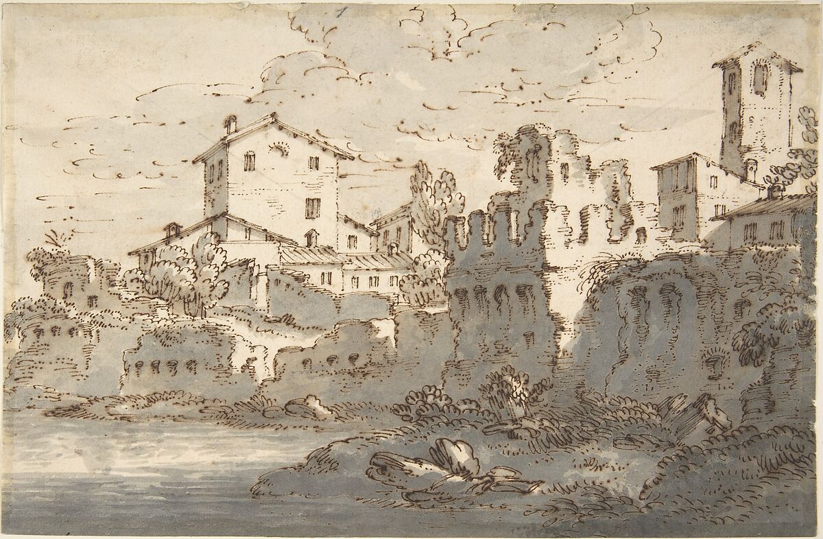 Houses by a River, Anonymous, Italian, Venetian, 18th century, Pen and brown ink, brush and gray wash, over traces of charcoal, on cream laid paper.  Ruled diagonal lines in graphite or lead running across upper half of sheet 